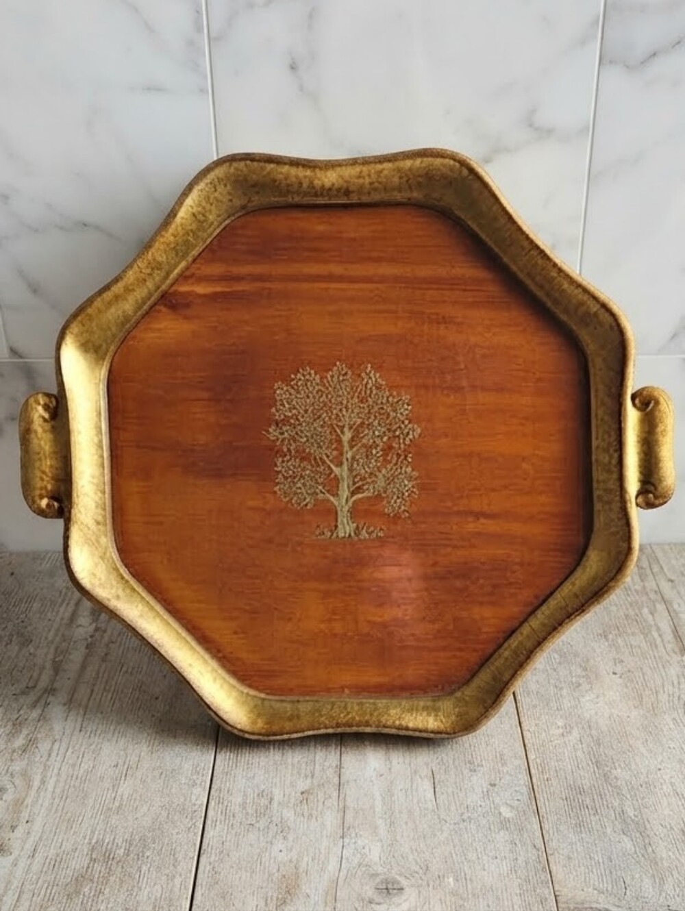 VIETRI Made in Italy Vintage Gold Leaf Wood Decorative Tray with Tree Motif